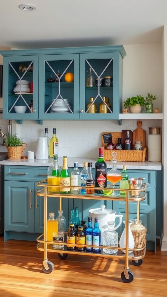 A colorful bar cart setup in a beach house kitchen with a variety of drinks and stylish cabinetry.