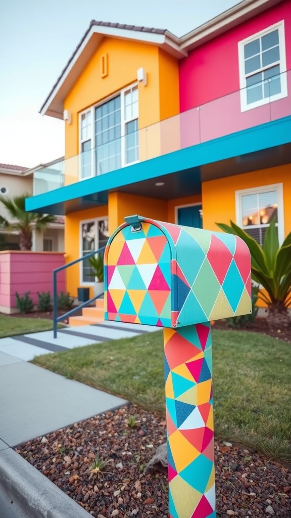 A colorful geometric mailbox in front of a vibrant house with bold colors.