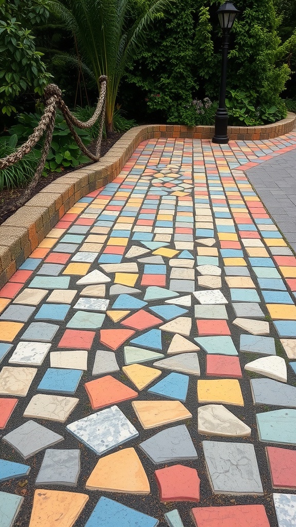 Colorful mosaic stone pathway winding through a garden