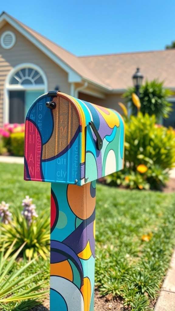 A colorful painted mailbox post with vibrant designs and patterns