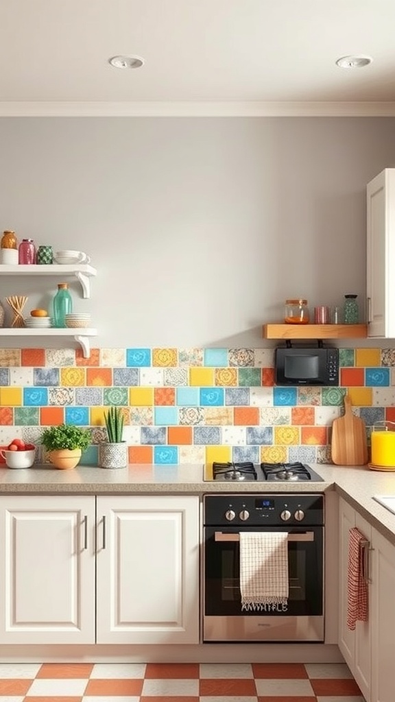 Kitchen with colorful patchwork tiles as backsplash, showcasing a variety of patterns and colors.