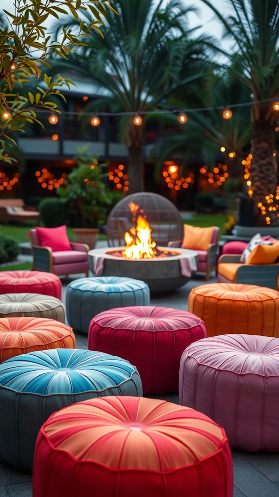 A cozy outdoor setting with a fire pit surrounded by colorful poufs in various shades.