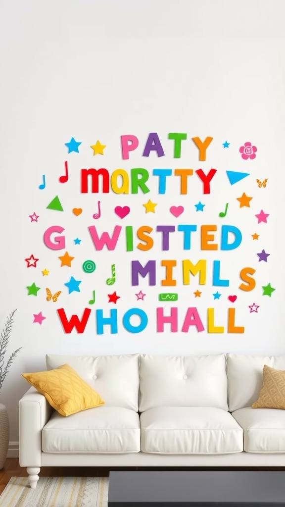Colorful wall decals with letters and stars on a white wall above a white couch