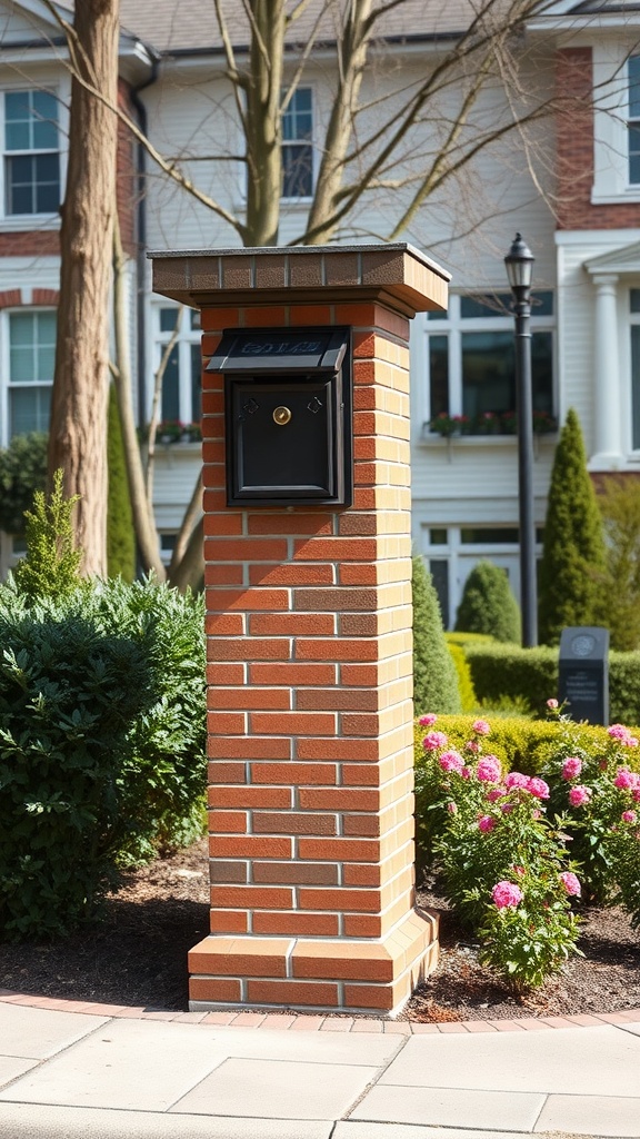 A brick column style mailbox in a landscaped yard