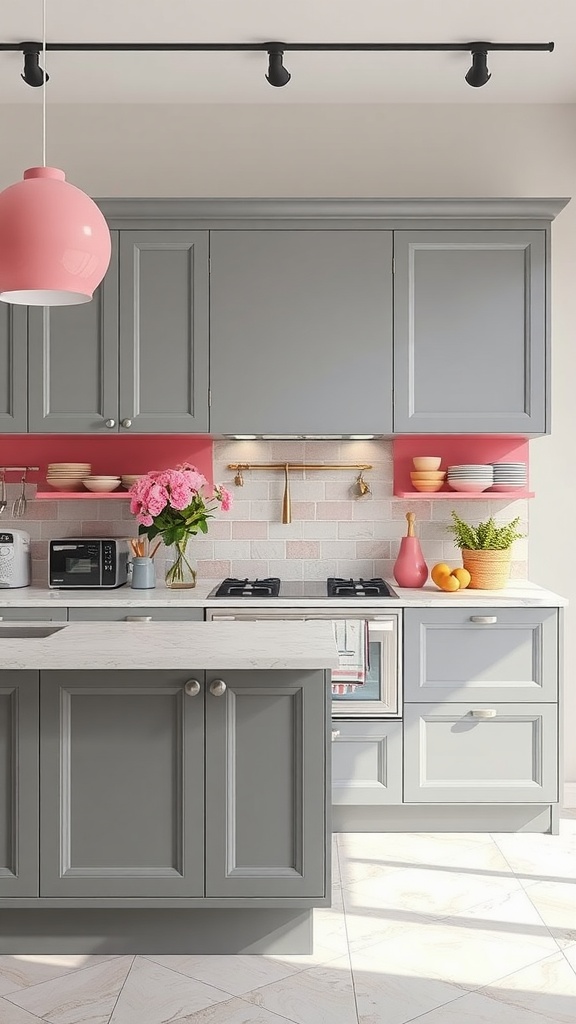 A modern kitchen featuring gray cabinets with pink accents including a backsplash and pendant light.