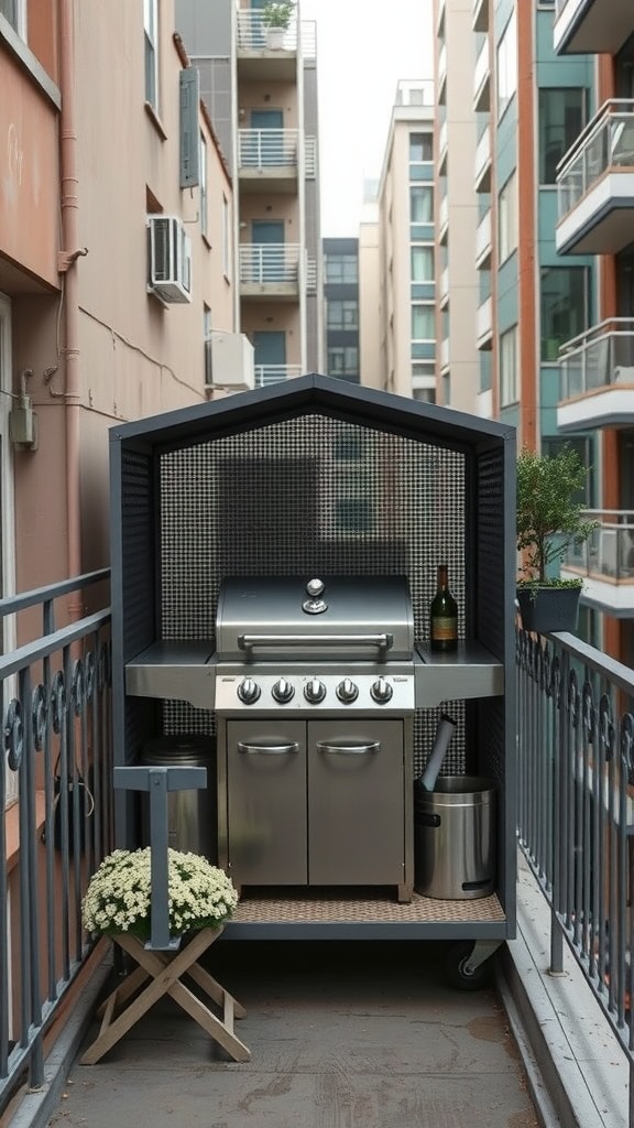 Compact grill gazebo on a small balcony in an urban setting