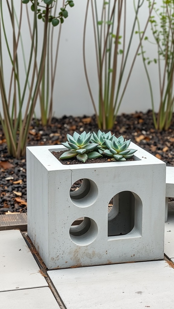 A concrete block planter with succulents in a stylish outdoor setting