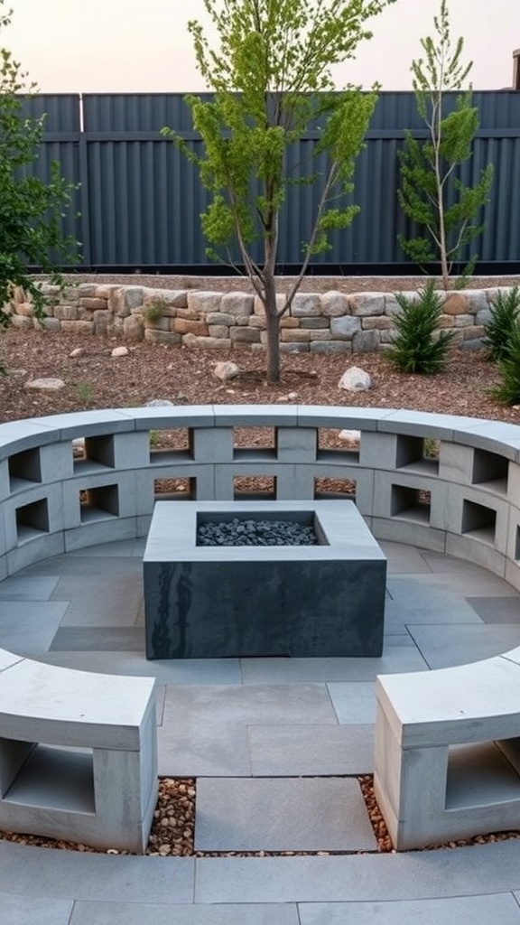 Circular concrete block seating surrounding a fire pit in a landscaped yard.