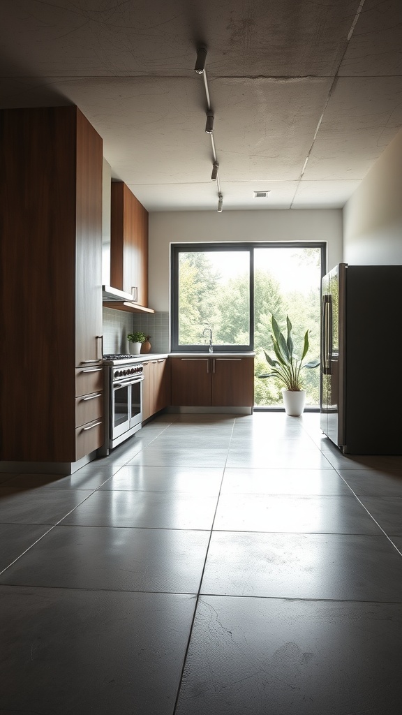 A modern kitchen featuring concrete flooring and wooden cabinets, with a large window letting in natural light.