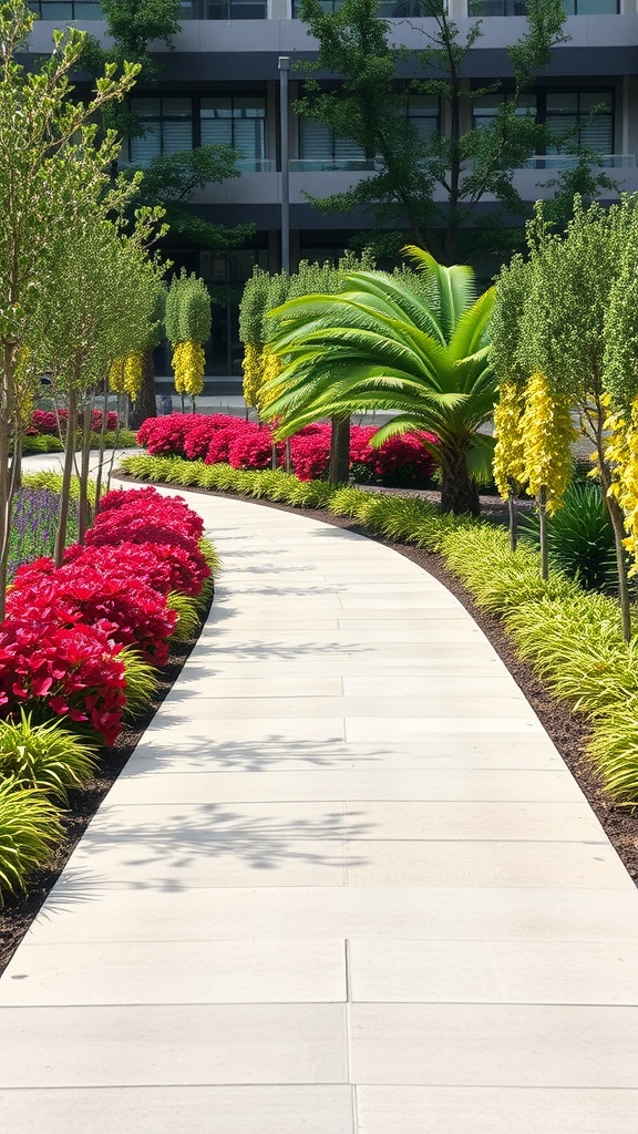 Curved concrete slab walkway surrounded by colorful flowers and greenery