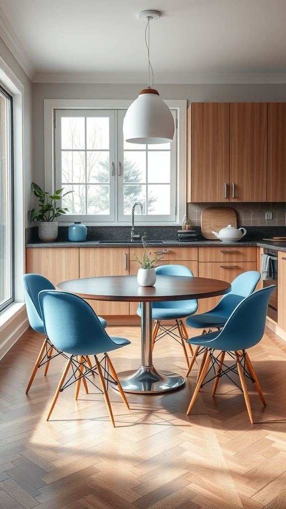 A modern kitchen featuring a round wooden table with blue dining chairs, large windows, and a cozy atmosphere.