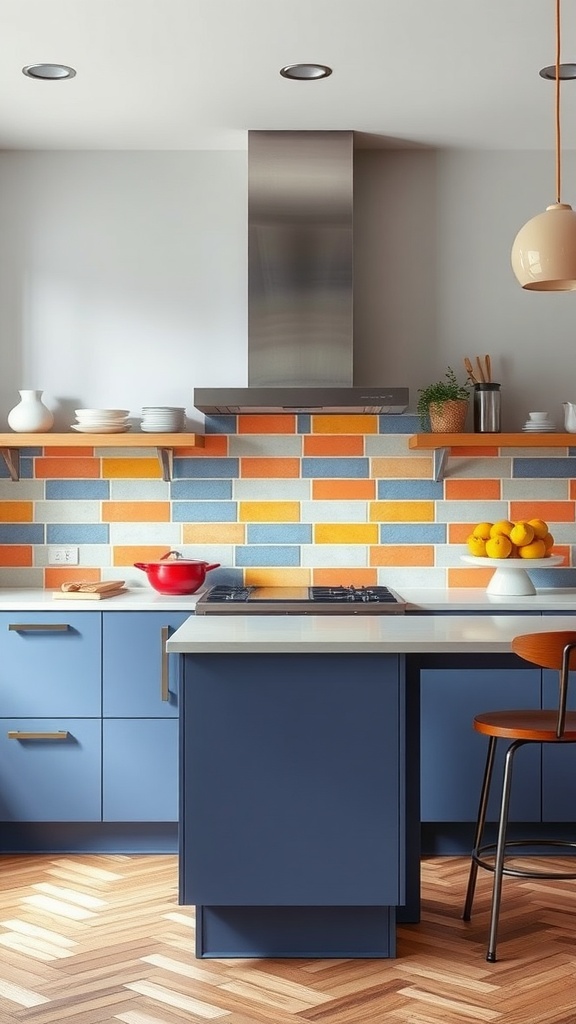 A modern kitchen featuring a colorful tile backsplash in orange, blue, and yellow, with deep blue cabinets and wooden accents.