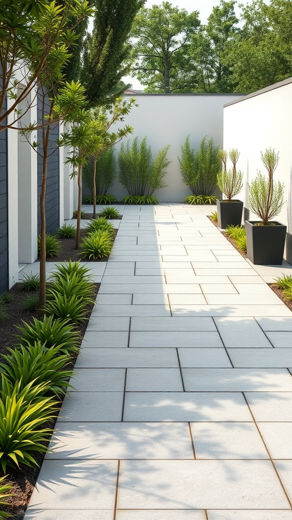 A modern flagstone walkway with geometric patterns, flanked by lush greenery and potted plants.