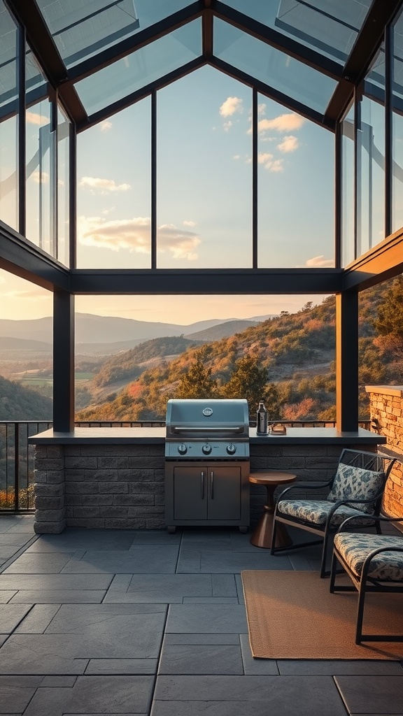 Contemporary glass grill pavilion with a stainless steel grill and scenic views