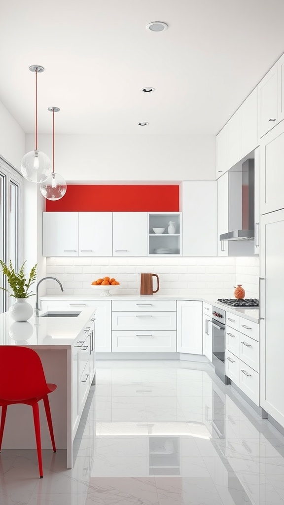 A contemporary white kitchen featuring red accents and a bright, airy design.