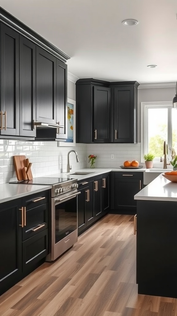 A modern kitchen featuring black cabinetry, wood flooring, and elegant brass accents.