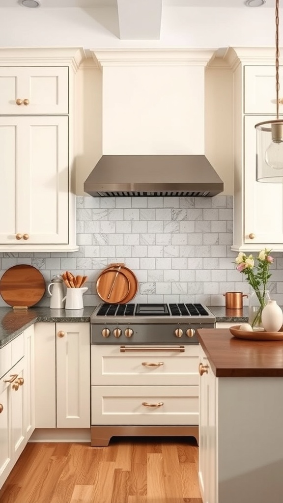 A kitchen featuring cream-colored cabinets with copper accents, gray countertops, and wooden accessories.