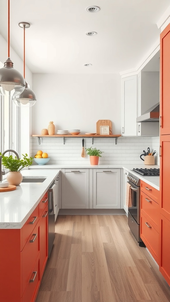 A modern kitchen featuring coral and light gray cabinets with wooden flooring and open shelving.