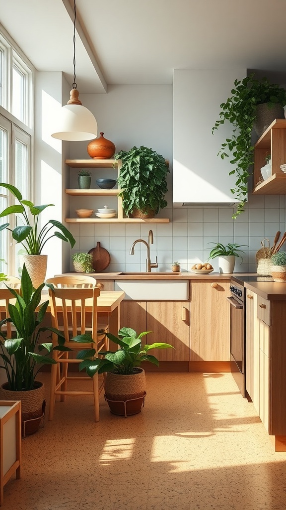 A bright kitchen featuring cork flooring, wooden cabinets, and various houseplants.