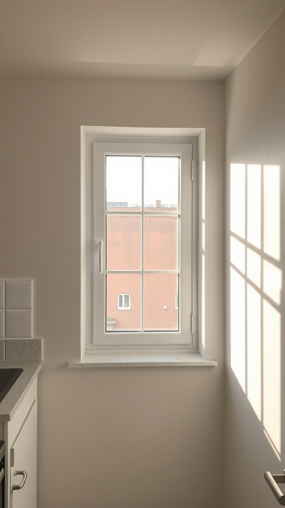 A corner kitchen window allowing light to enter from two sides.