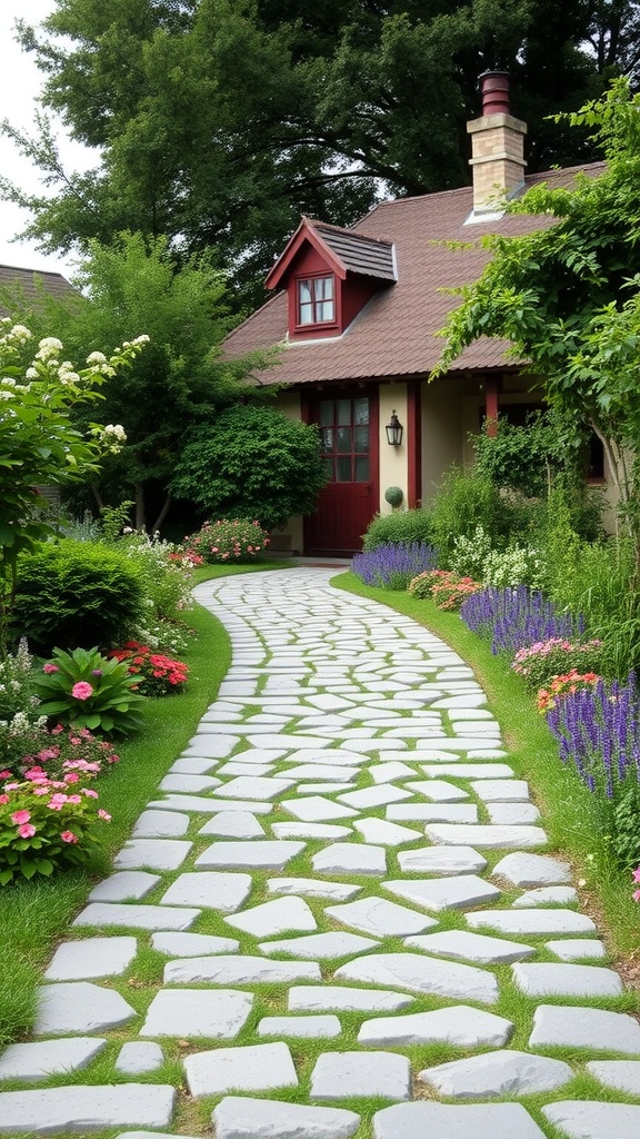 A cozy cottage with a flagstone walkway surrounded by colorful flowers and greenery.