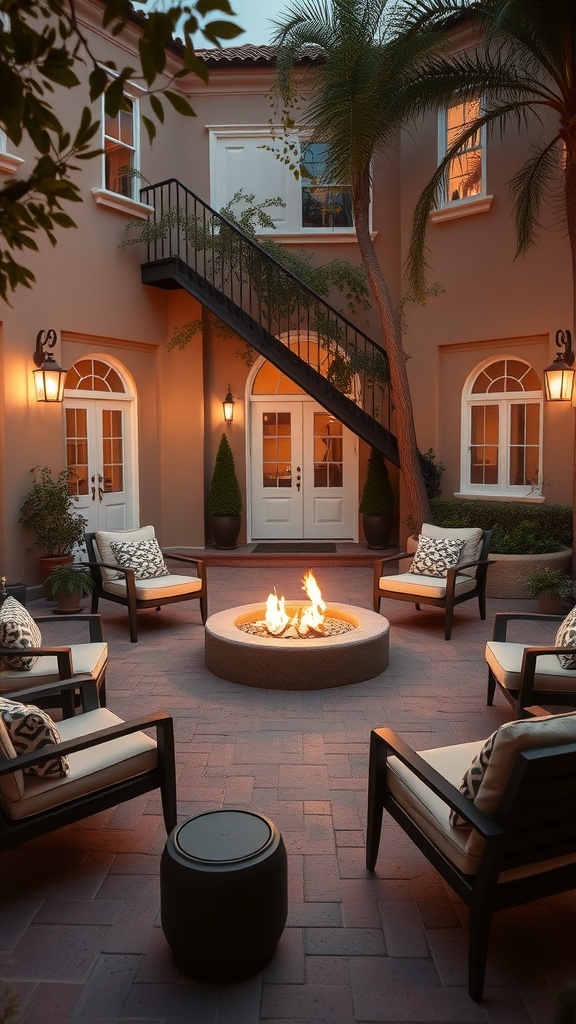 A cozy courtyard fire pit surrounded by comfortable seating and greenery.