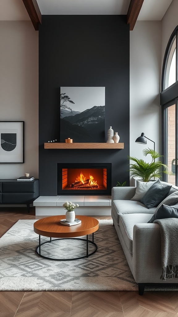 Cozy living room with fireplace, dark wall, gray sofa, and wooden coffee table