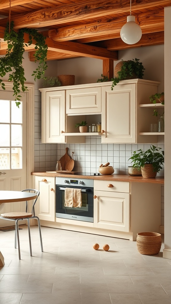 A kitchen featuring cream cabinets and olive green accents, with wooden elements and plants.