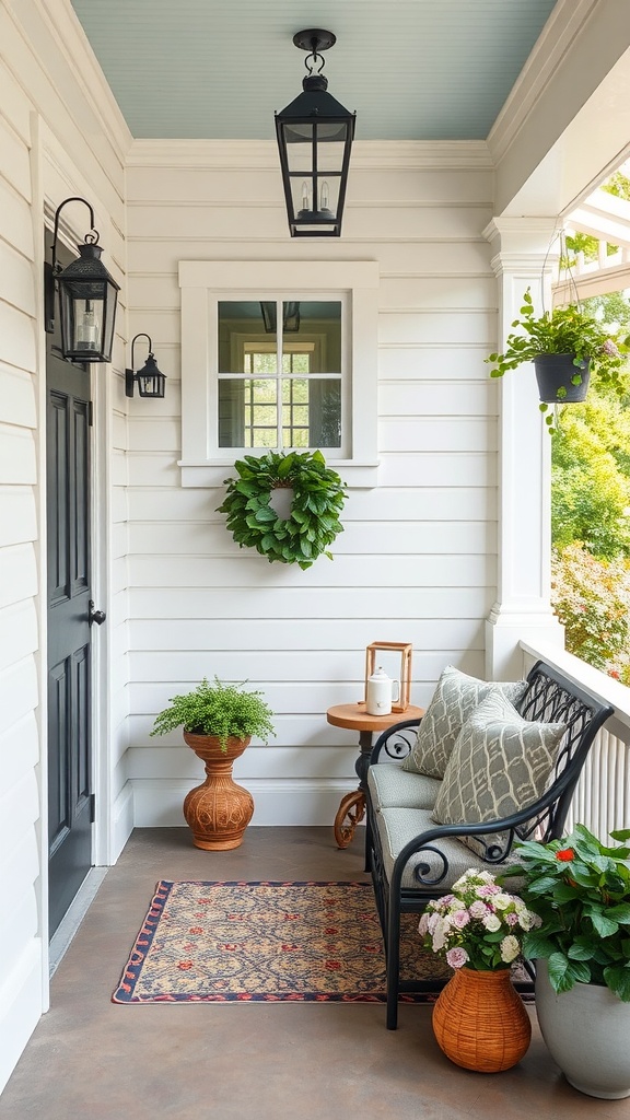 Cozy porch nook with a black door, a bench with cushions, and potted plants.