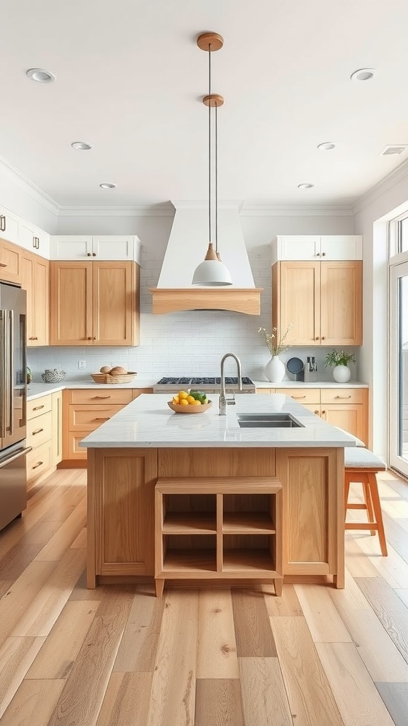 Modern kitchen island with natural wood tones, sink, and seating, set in a bright kitchen