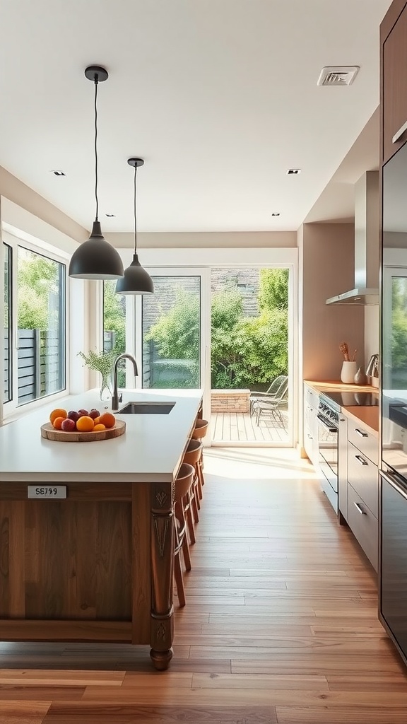 A bright Scandinavian kitchen with large windows connecting to an outdoor deck.