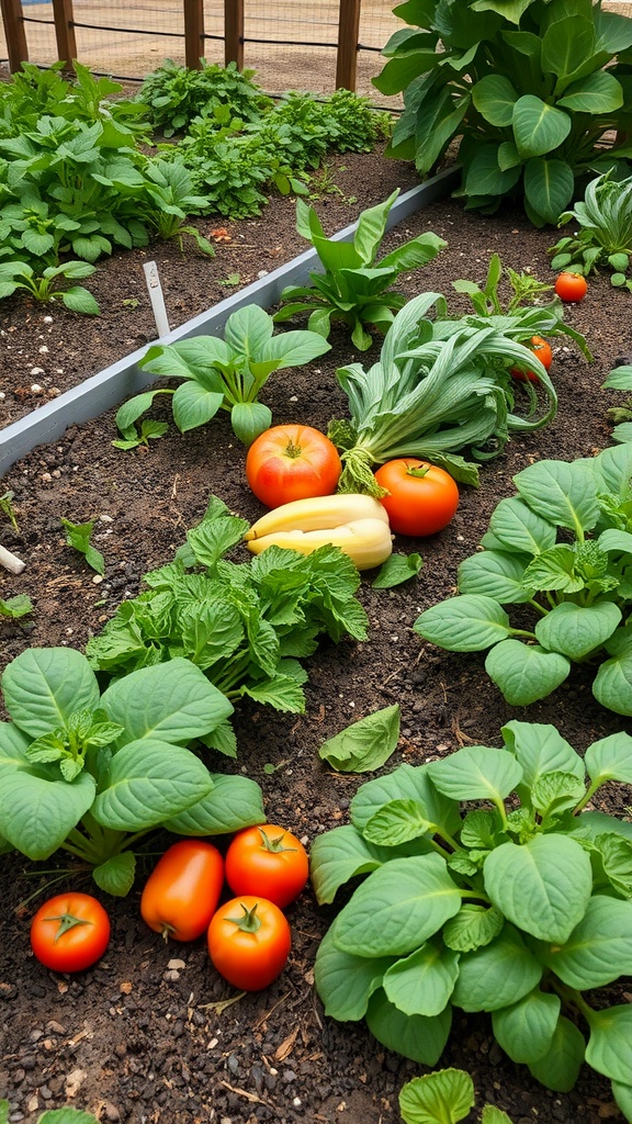 A small vegetable garden with ripe tomatoes, leafy greens, and other plants.