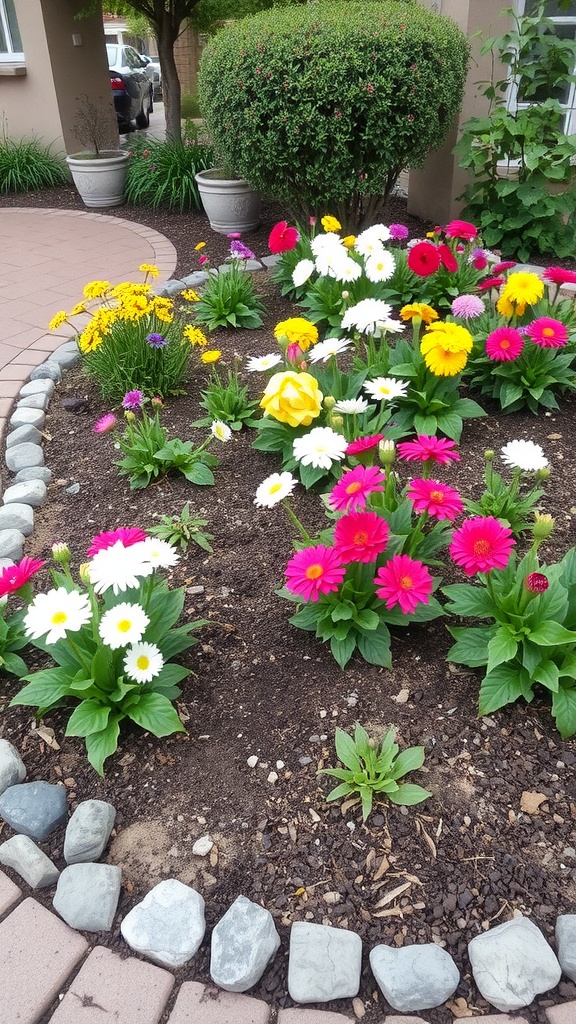 Colorful flower bed with a stone border