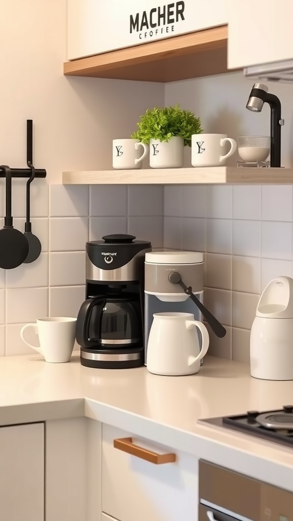 A stylish coffee station in a modern kitchen with a coffee maker, mugs, and a small plant.