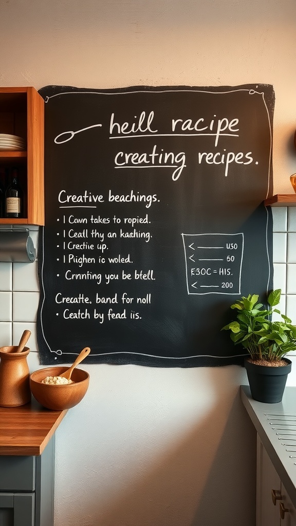 Chalkboard wall in a kitchen with handwritten recipes and notes