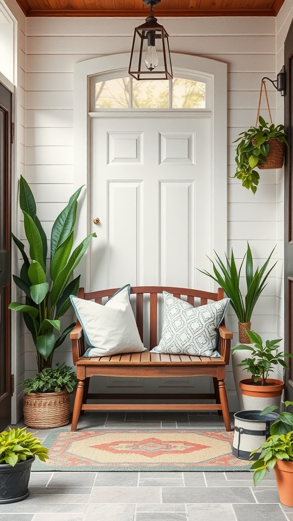 A welcoming entryway featuring a wooden bench, colorful pillows, potted plants, and a bright door