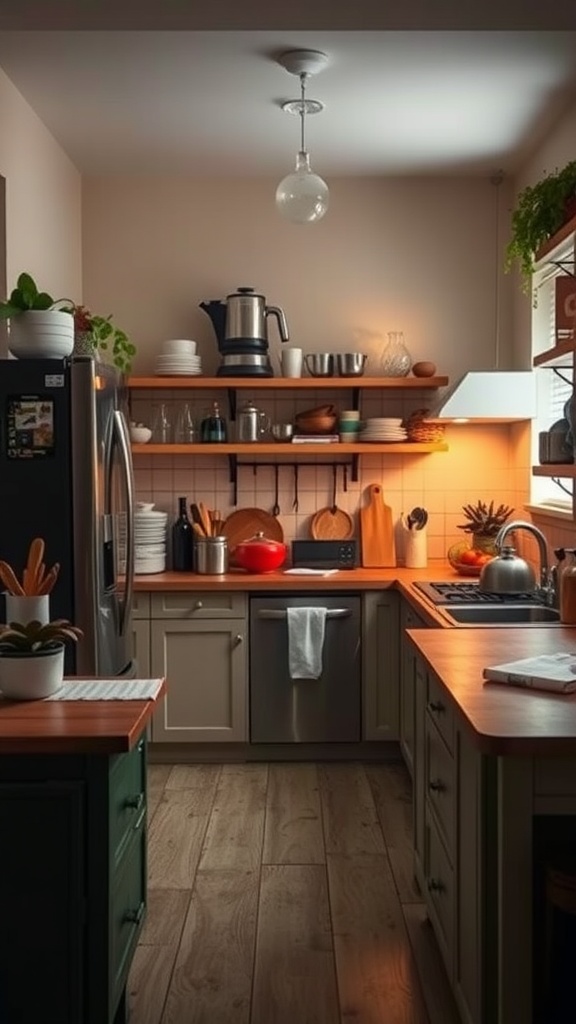 A cozy kitchen with warm lighting, featuring wooden countertops, organized shelves, and plants.