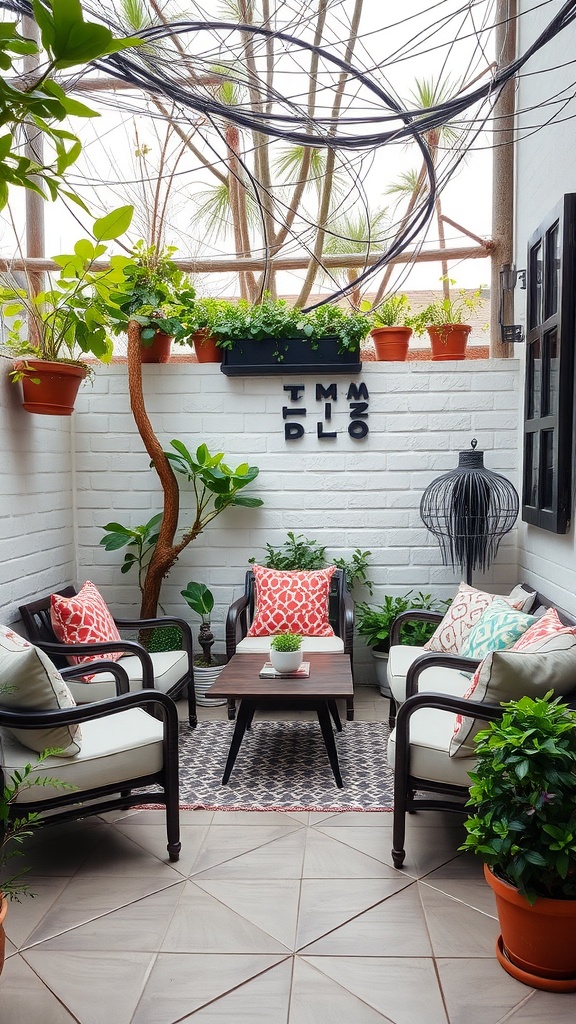 Cozy outdoor seating area with plants and colorful cushions