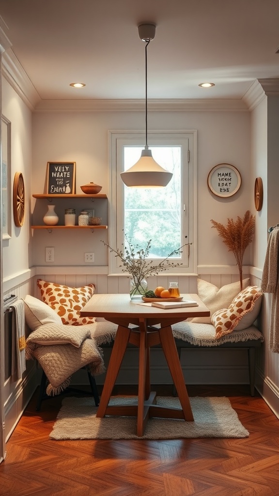 Cozy dining nook with a round wooden table, plush seating, and warm lighting.