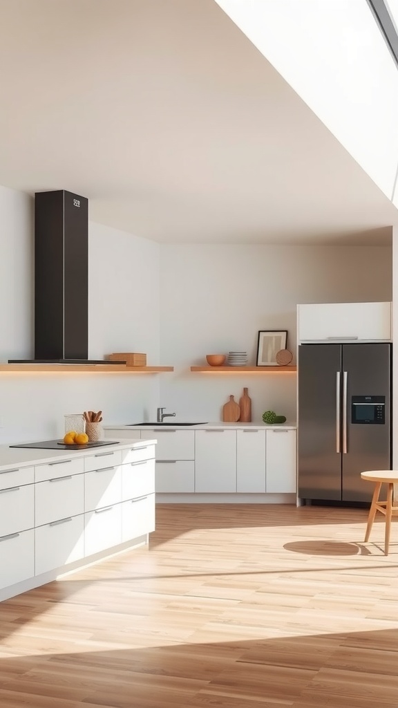 Minimalist kitchen with open space, featuring white cabinets and wooden accents