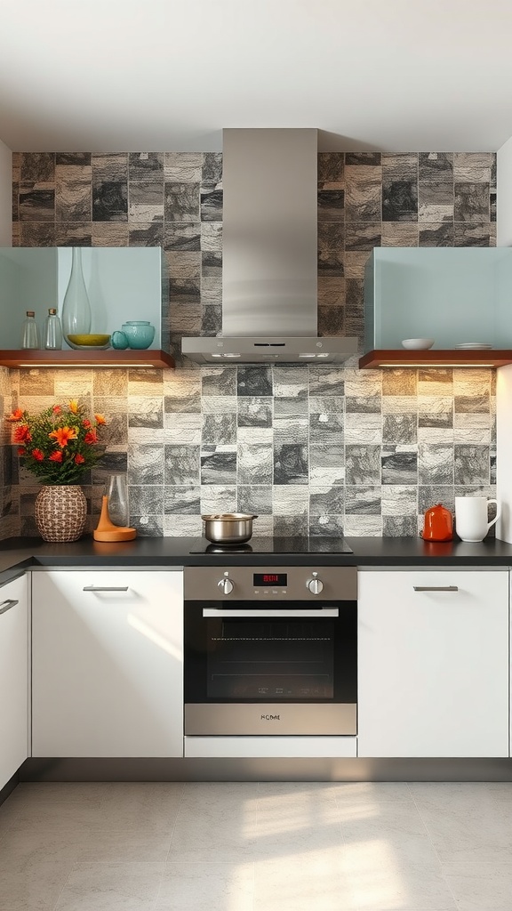 A modern kitchen featuring a creative backsplash with patterned tiles, stainless steel range hood, and open shelving with decorative items.