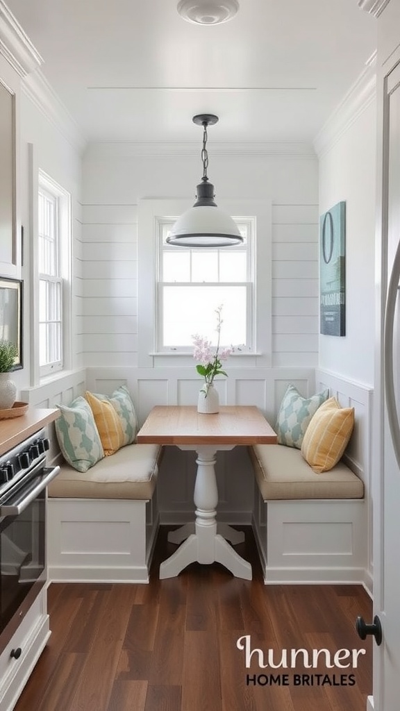 A cozy kitchen nook with a wooden table and cushioned seating in a beach house setting.