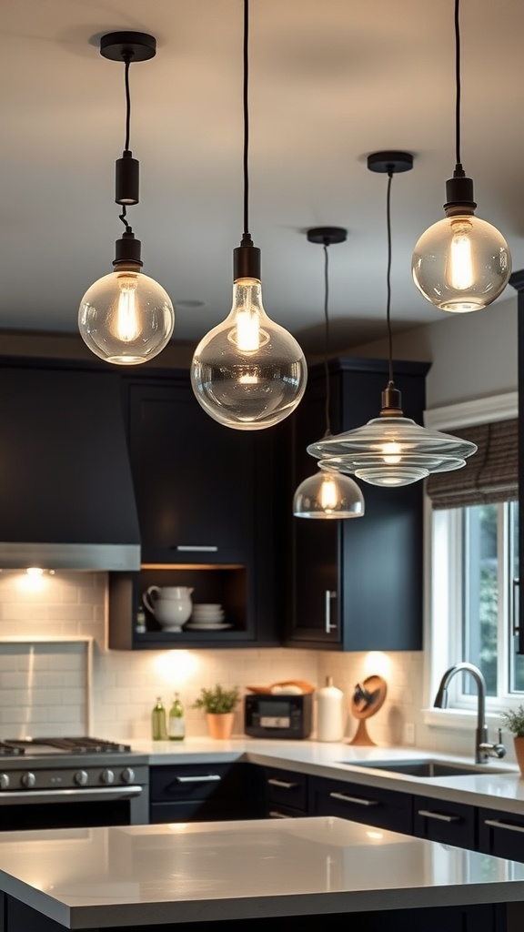 A modern kitchen with various hanging light fixtures.