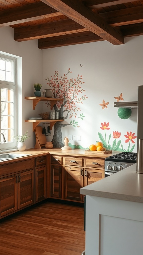 A kitchen with a mural of a tree and flowers on an accent wall, featuring wooden shelves and a modern stove.