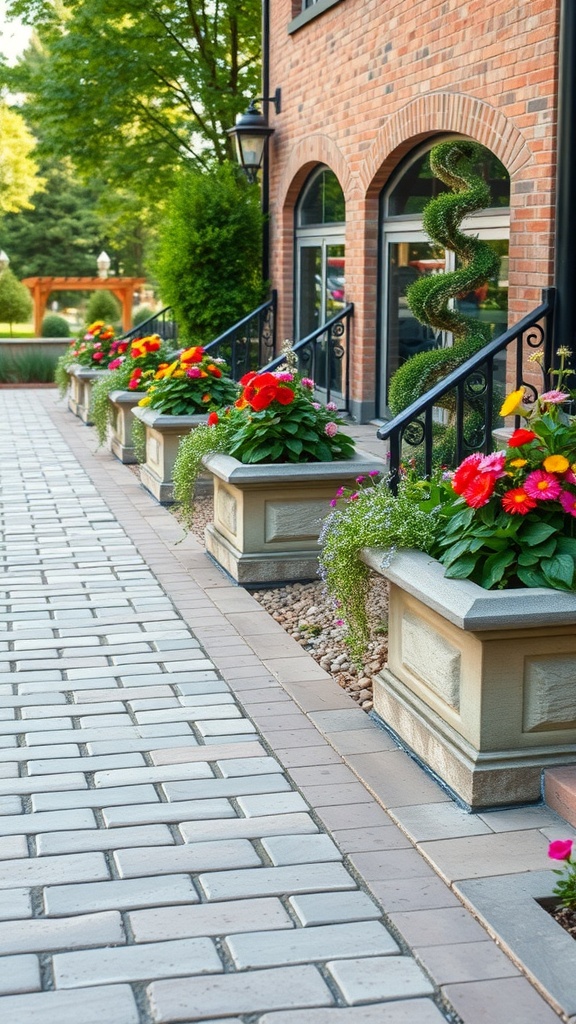 A flagstone walkway lined with colorful flower planters and a brick house facade.