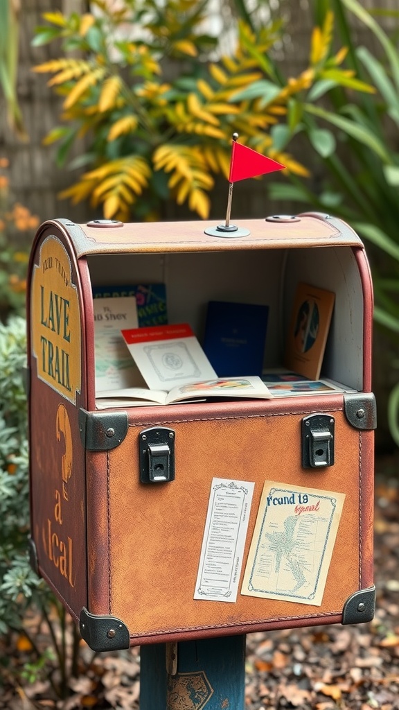 A creatively upcycled mailbox displaying local brochures and a playful red flag, surrounded by greenery.