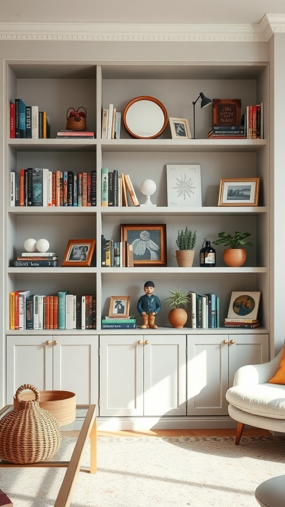 A modern boho living room bookshelf showcasing books, plants, and decorative items.