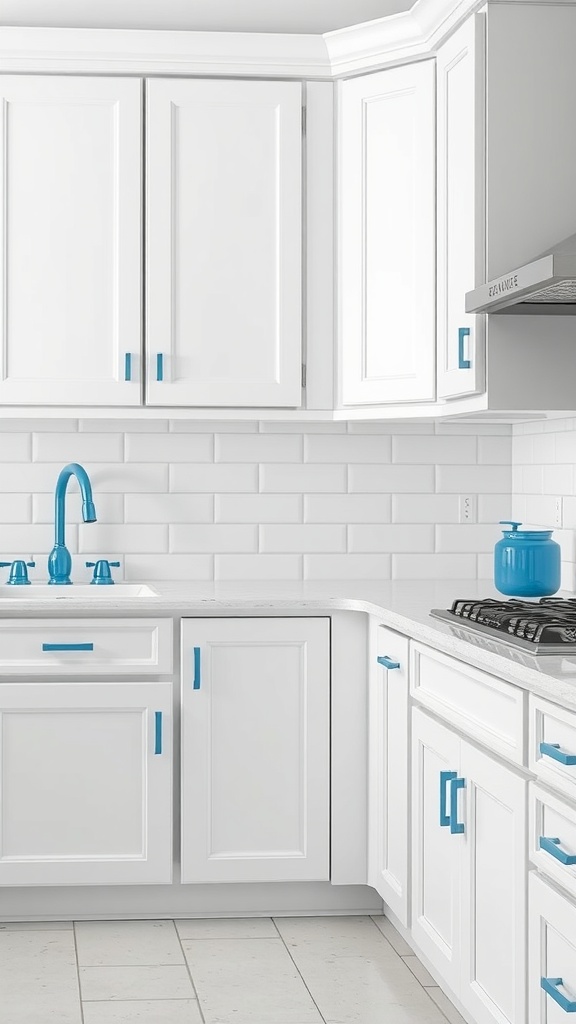 A kitchen featuring white cabinets with blue fixtures, including handles and a faucet, complemented by a white subway tile backsplash.