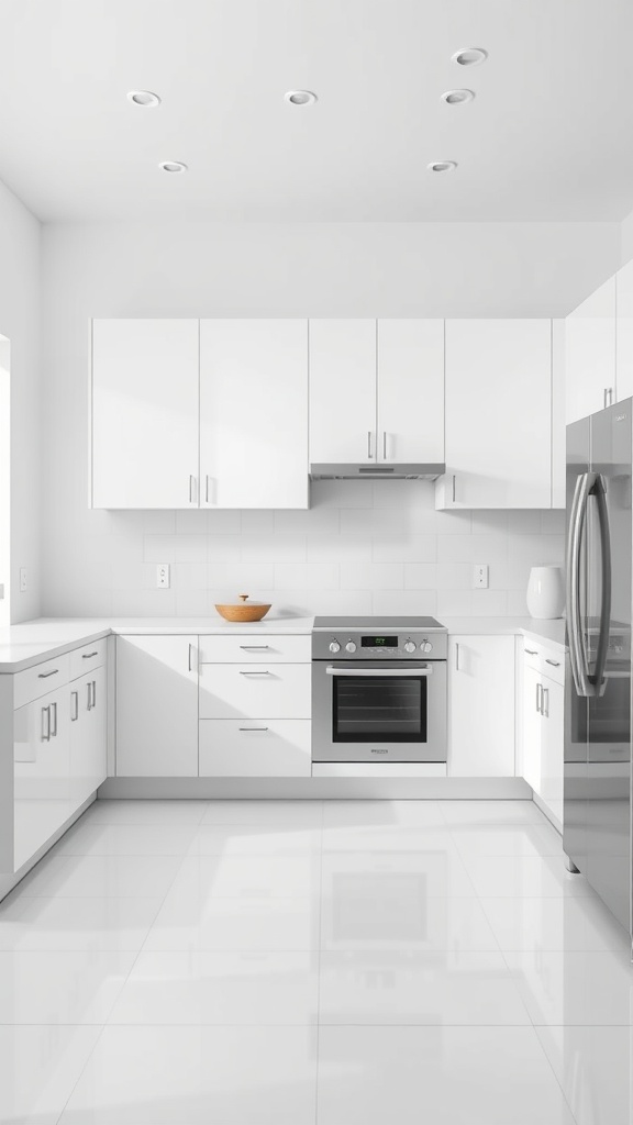 A modern kitchen with white cabinets, a silver stove, and bright lighting, showcasing timeless elegance.