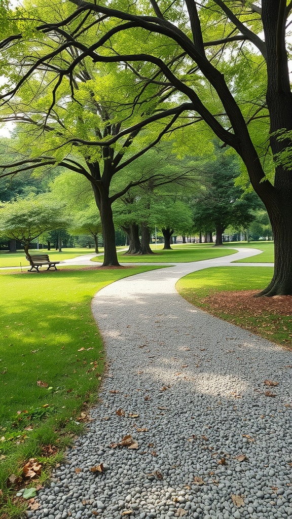 A winding crushed granite pathway surrounded by lush green trees and grass.